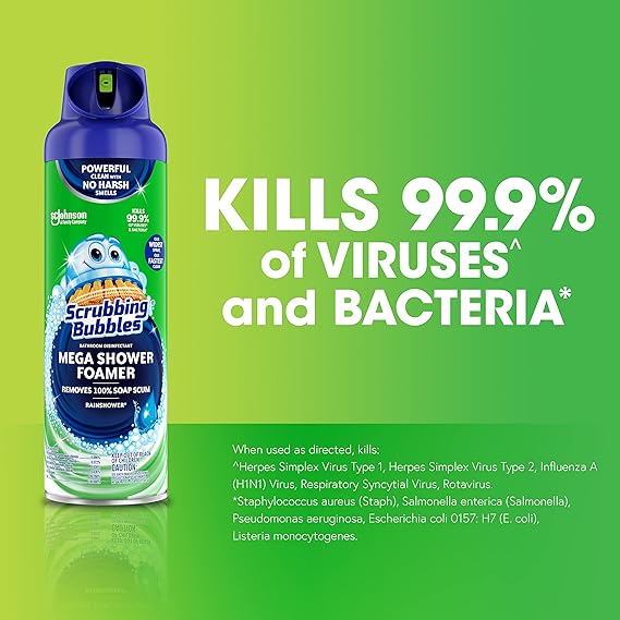 Scrubbing Bubbles Mega Shower Foamer on a green background with text about virus and bacteria killing capabilities.