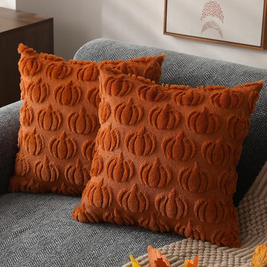 DFXSZ Fall Throw Pillow Covers 2-Pack – 18″×18″ Rustic Pumpkin & Autumn Faux Fur Wool Blend Cushion Covers for Sofa, Bedroom & Living Room Decor