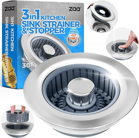 3-in-1 Stainless Steel Kitchen Sink Drain Strainer & Stopper With Anti-Clogging Basket | Fits US Standard 3½-Inch Drain Holes, Pop-Up Stopper & Drain Plug