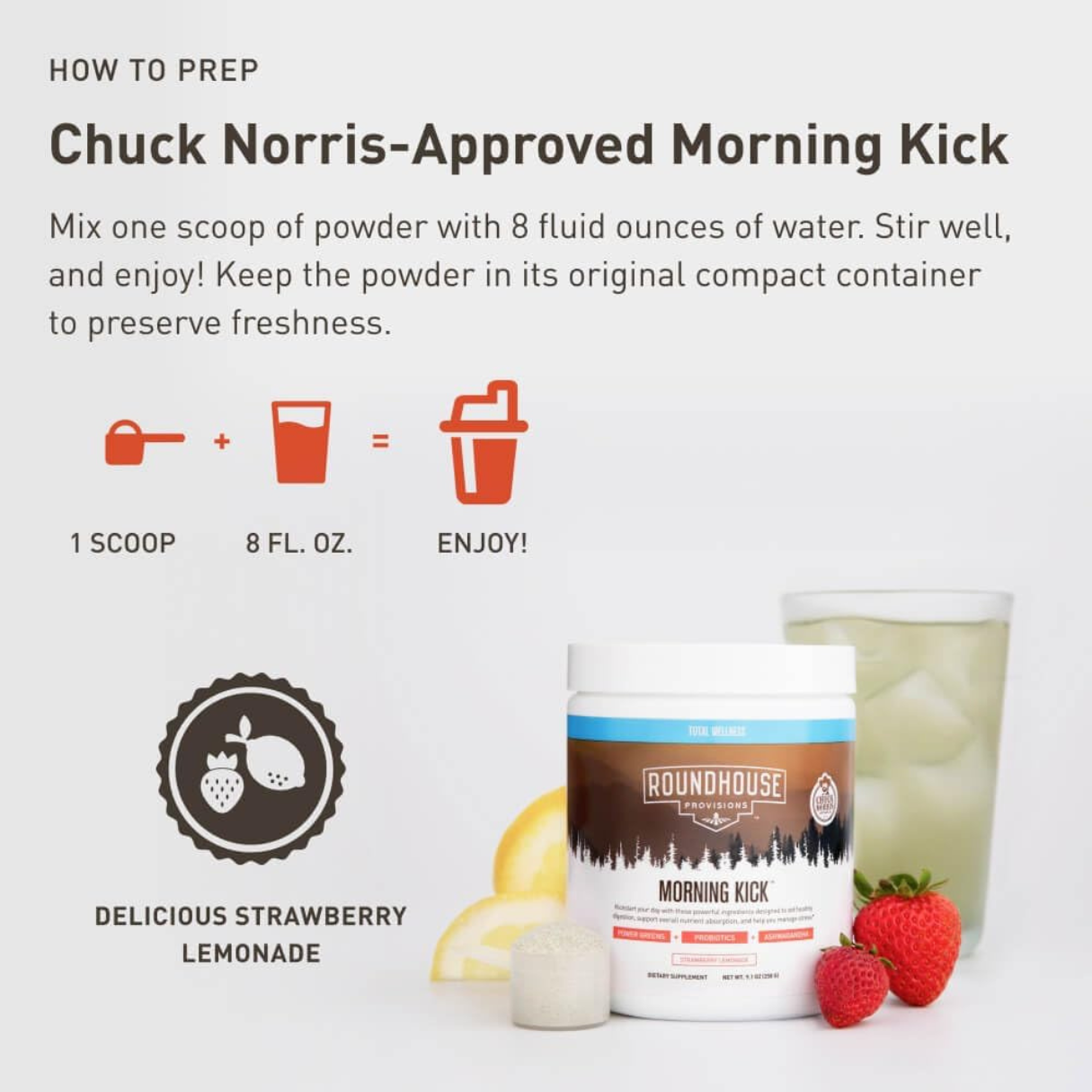 Morning Kick Greens Superfood Powder Supplement – Strawberry Lemonade Flavor by Chuck Norris 🌿🍓🍋