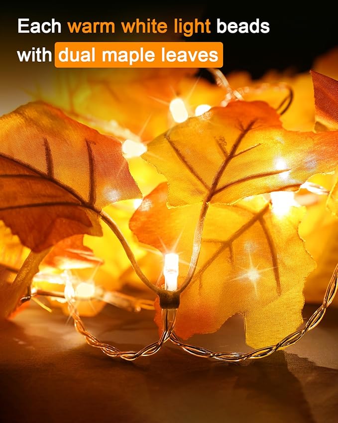 2-Pack Lighted Fall Garland, 16.4 ft (40 LED) Autumn & Thanksgiving String Lights Decor for Porch, Mantel, Friendsgiving Gift