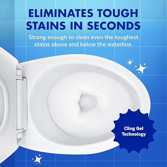 Toilet bowl cleaner with text on a blue background