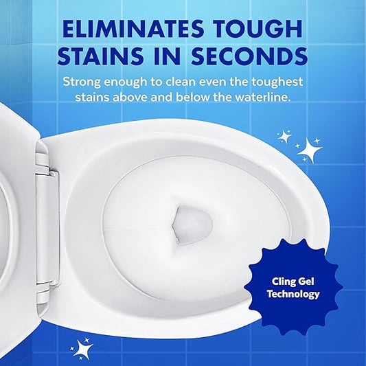 Toilet bowl cleaner with text on a blue background