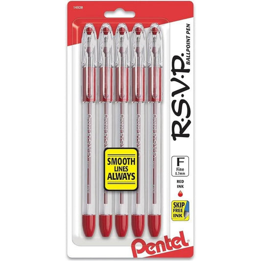 Pentel RSVP Ballpoint Pen 0.7 mm – Red Ink, Fine Line, Pack of 5
