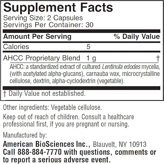 Supplement facts label for a product with AHCC proprietary blend on a white background