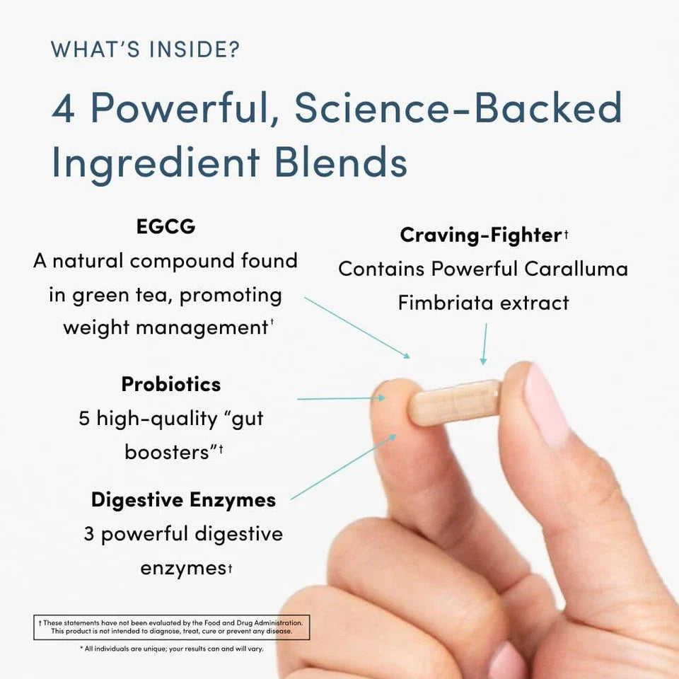 Product packaging with text about ingredients and a hand holding a pill.