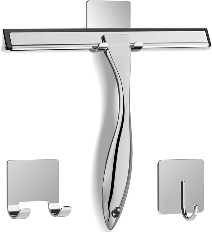 All-Purpose Stainless Steel Shower Squeegee – 10 Inch Bathroom & Window Glass Cleaner with 2 Adhesive Hooks, Silver Mirror & Tile Cleaning Tool for Shower Doors, Car & Household Surfaces