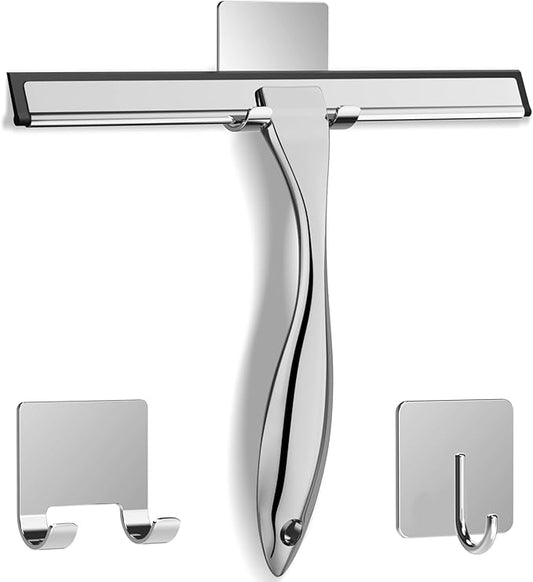 All-Purpose Stainless Steel Shower Squeegee – 10 Inch Bathroom & Window Glass Cleaner with 2 Adhesive Hooks, Silver Mirror & Tile Cleaning Tool for Shower Doors, Car & Household Surfaces