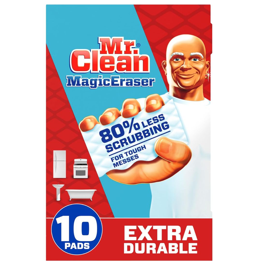 Mr. Clean Magic Eraser, Extra Durable, Multi Purpose Cleaner, Shoe, Bathroom, Shower, and Car Window and Windshield Cleaner, Cleaning Pads, 10 Count
