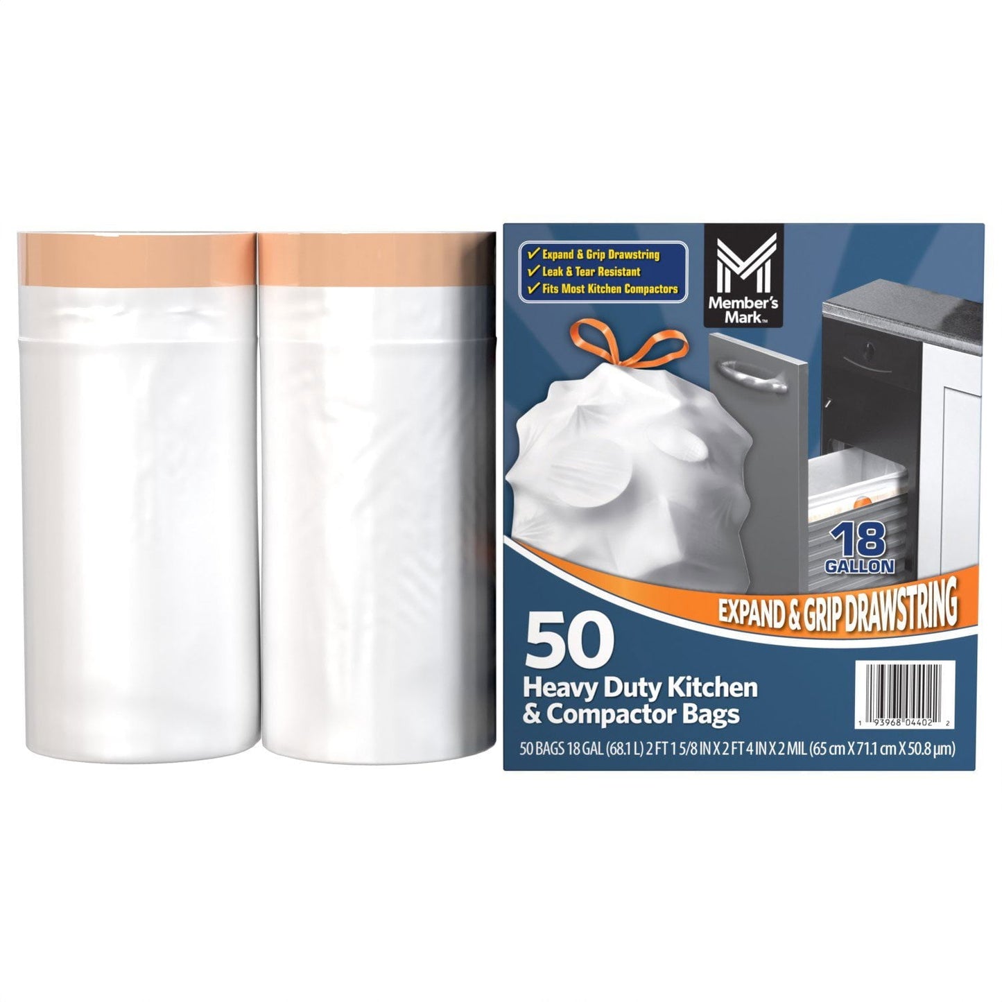 Member’s Mark Heavy‑Duty 18 Gallon Kitchen & Compactor Trash Bags – 2 Mil Thick, Leak & Tear Resistant, Drawstring Grip, 50‑Count Box