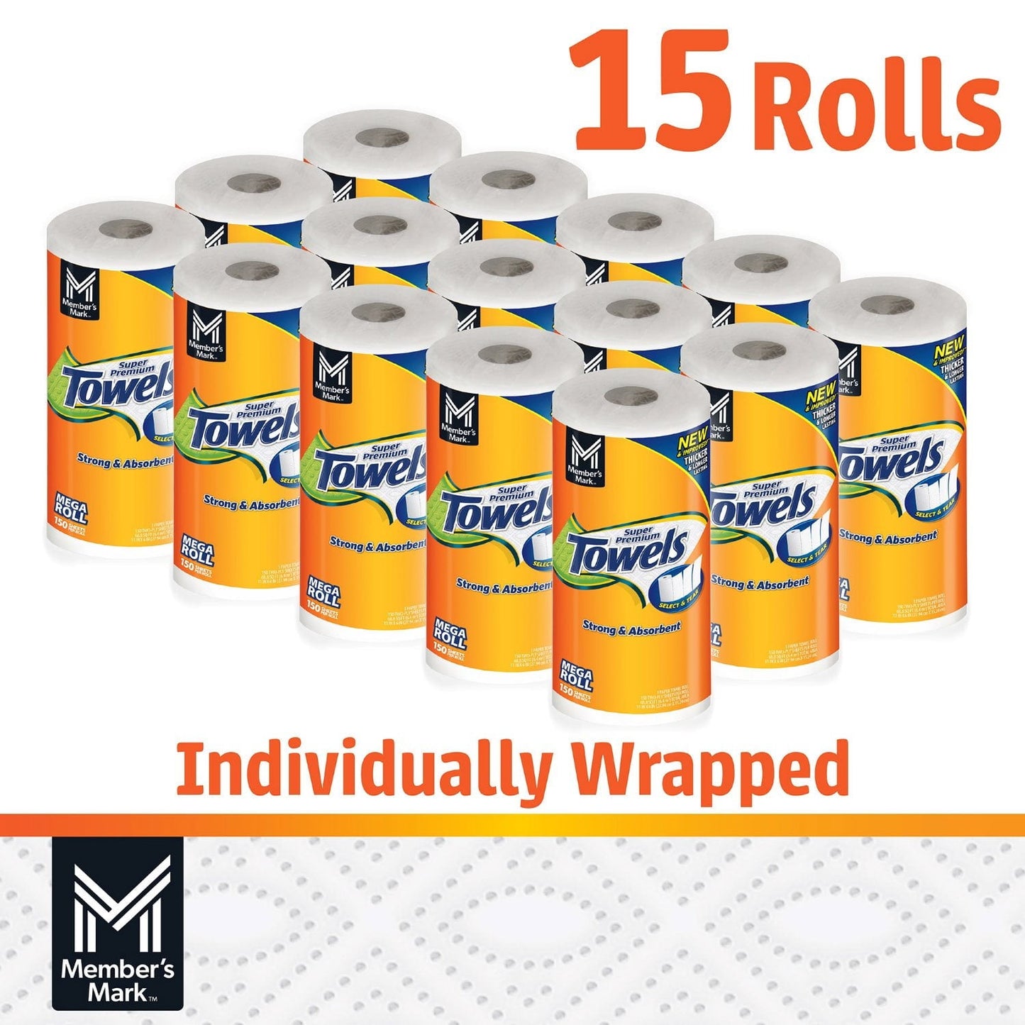 Member’s Mark Select & Tear Super Premium 2‑Ply Paper Towels – 15 Mega Rolls (150 Sheets/Roll, 11″×6″), Thick & Highly Absorbent