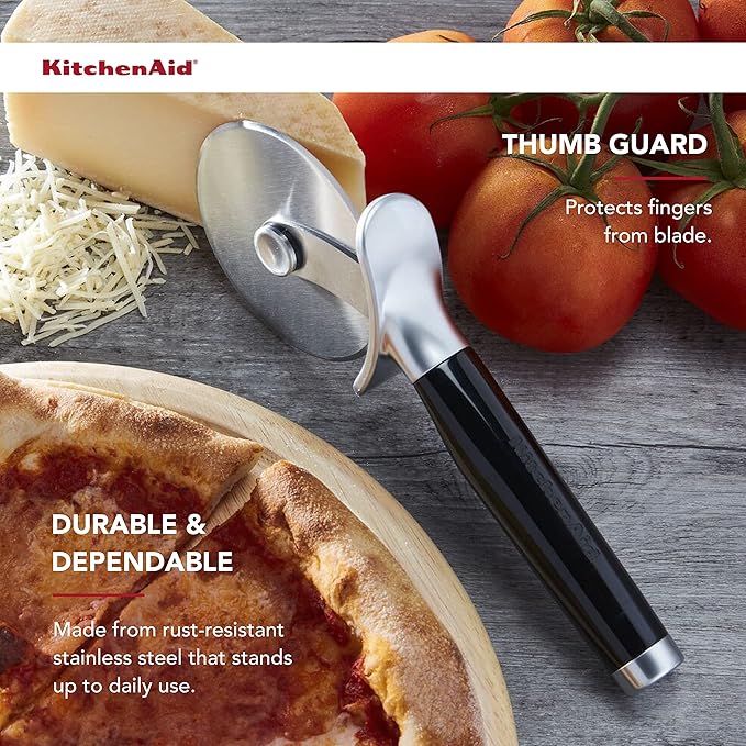 KitchenAid Classic Pizza Wheel – 9-Inch Sharp Stainless Steel Blade with Finger Guard & Comfort Grip Handle, Dishwasher Safe Pizza Cutter for Crusts, Pies & More (Black)
