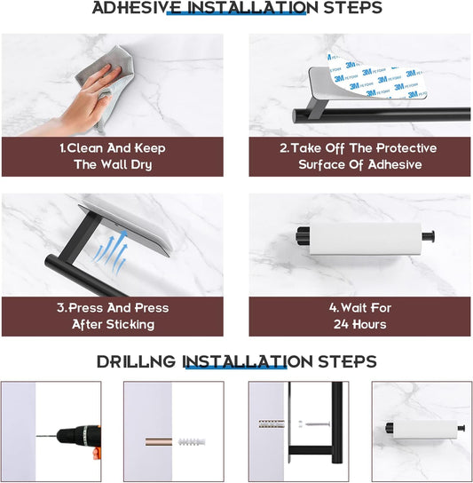Step-by-step guide for adhesive and drilling installation on a white background