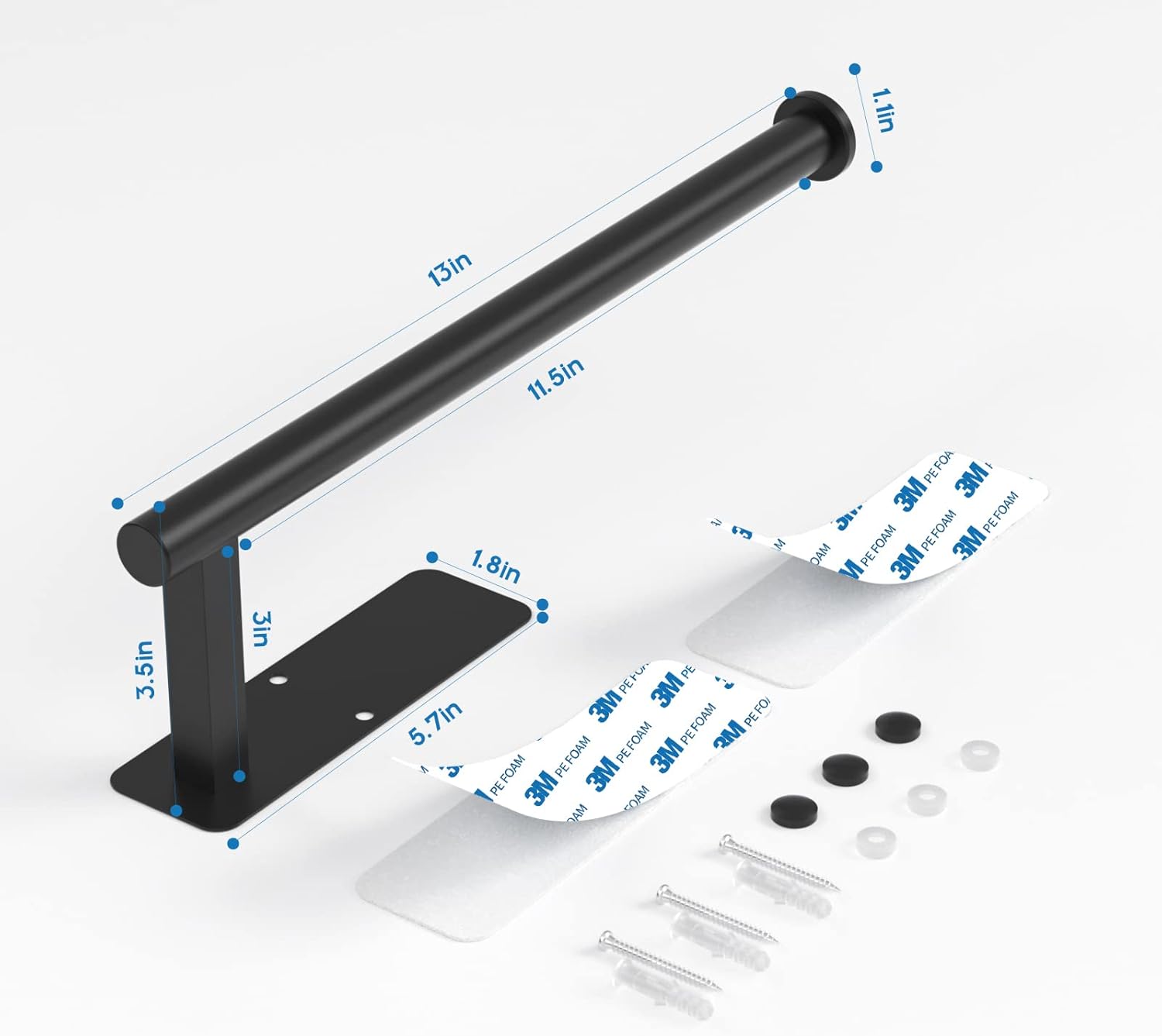 Black metal rod with measurements and adhesive strips on a white background
